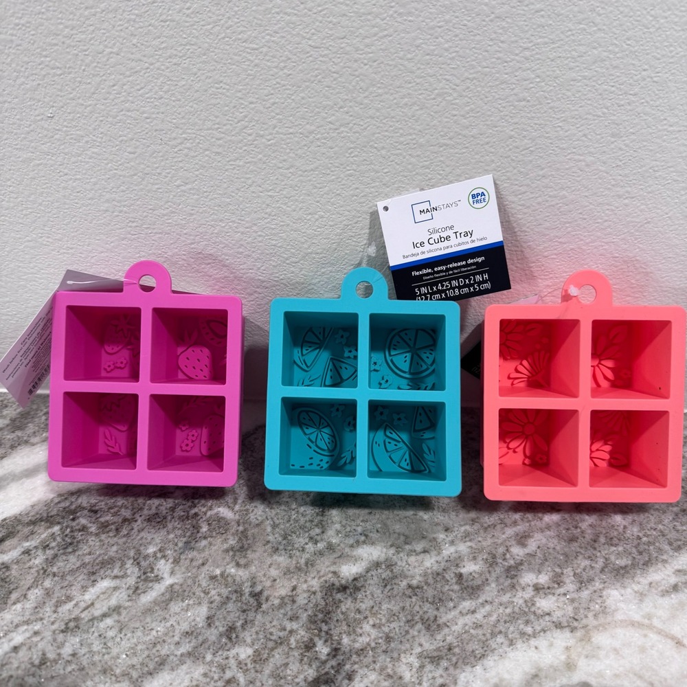 Mainstays Silicone Ice Cube/Soap Mold Tray Set of 3 Fruit/Floral BPA Free NWT